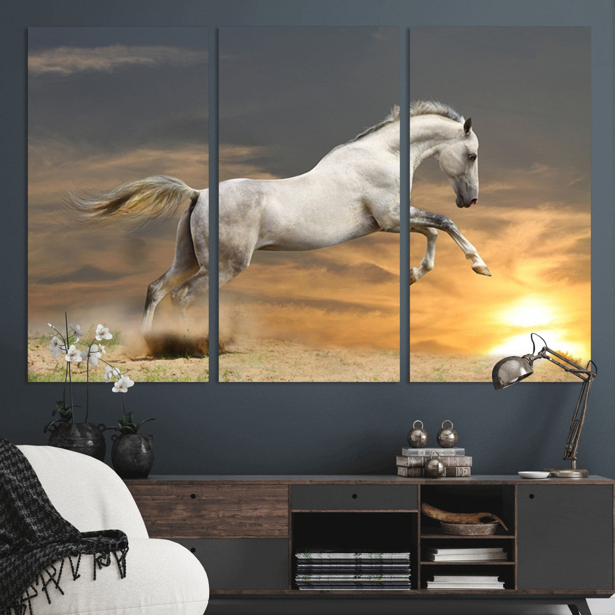Large Wall Art Canvas Print, White Jumping Horse at Sunset