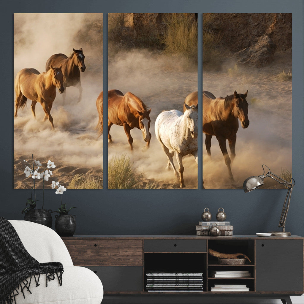 Large Wall Art 5 Horses Running on Sand Canvas Print
