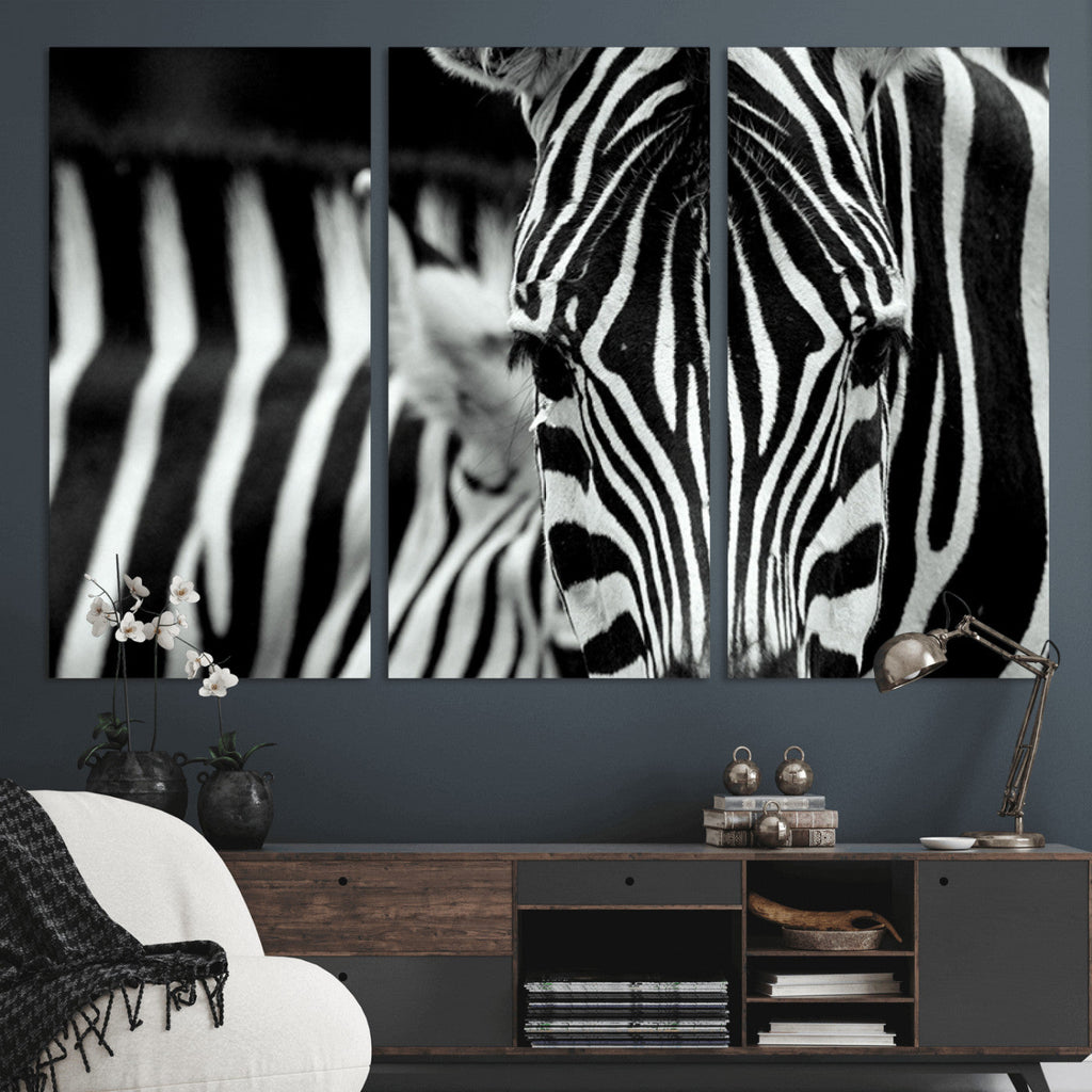 Zebra Wall Art | Zebra Close Up Canvas Print | Framed Black and White Wildlife