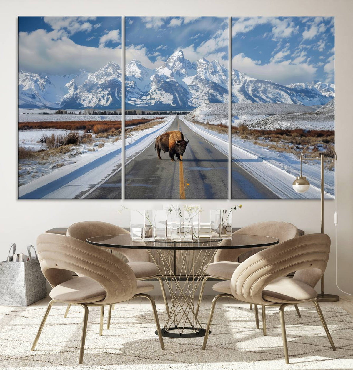 Bison Wall Art | Snowy Road Wall Art | Framed Mountain Landscape Canvas