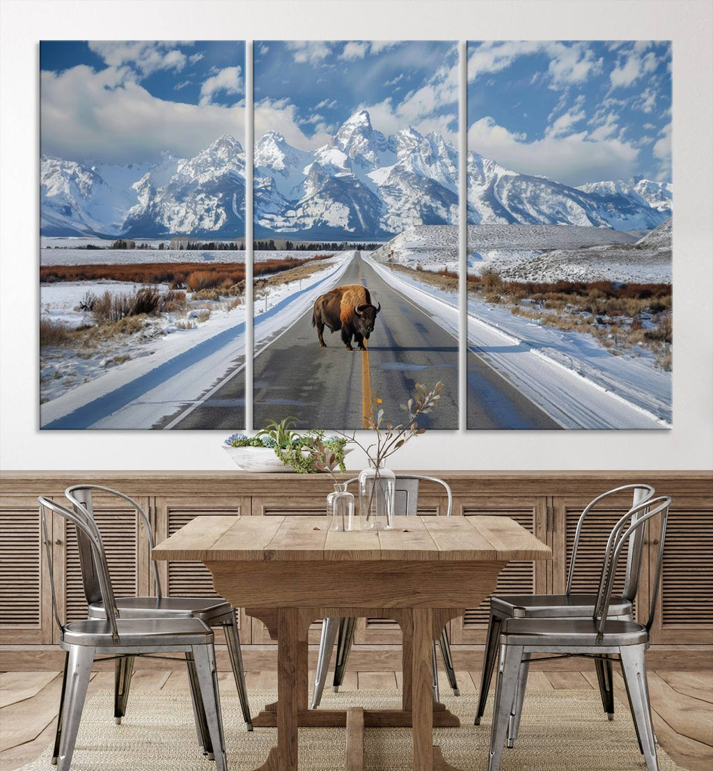 Bison Wall Art | Snowy Road Wall Art | Framed Mountain Landscape Canvas