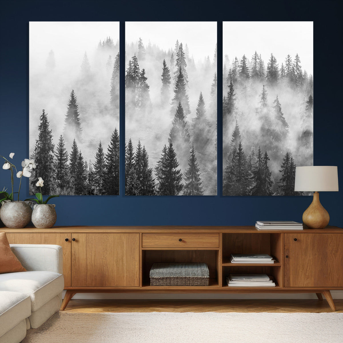 Forest Wall Art Print | Foggy Pine Forest Canvas Wall Art, Black and White Nature Decor