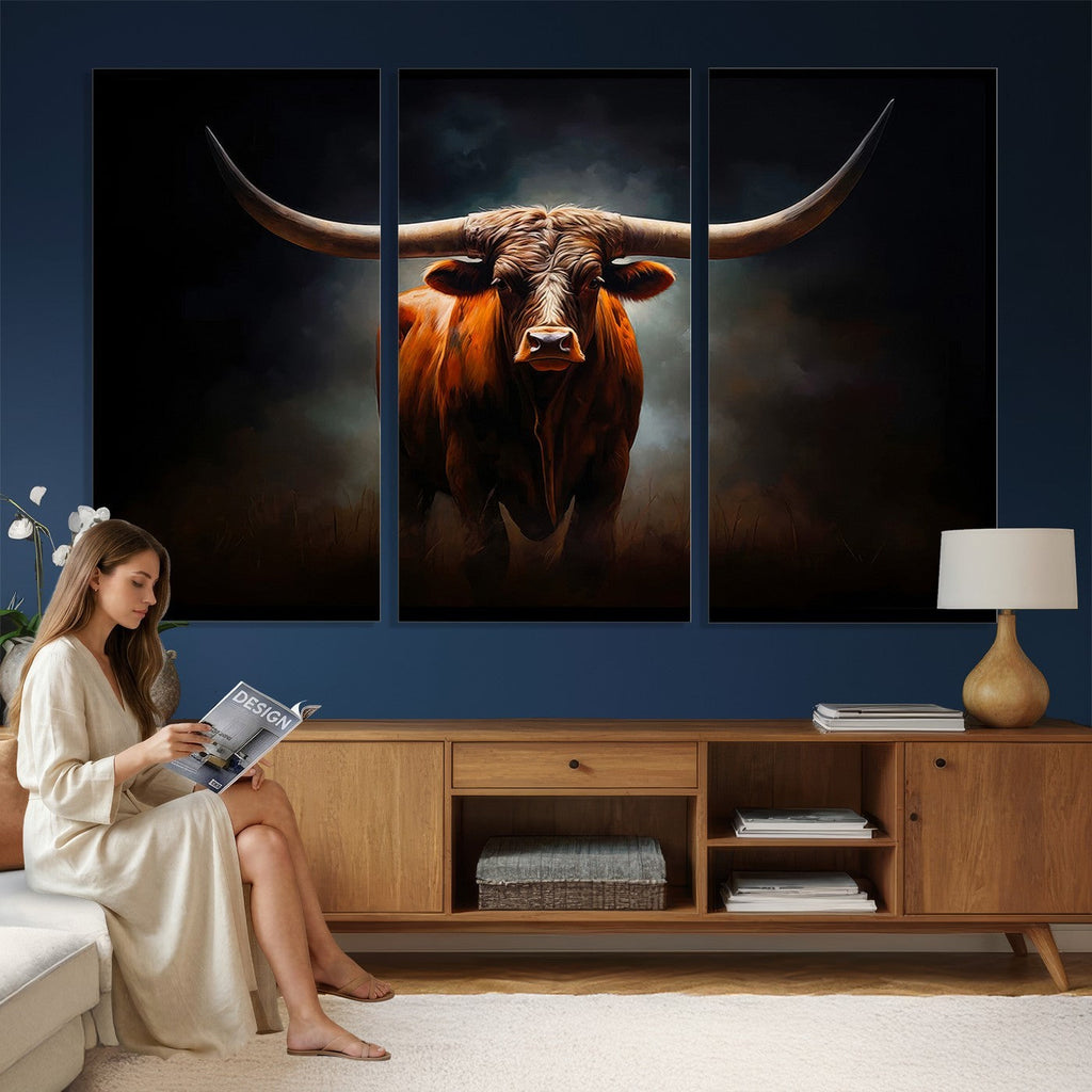 Abstract Texas Longhorn Wall Art Print | 3-Panel Large Texas Longhorn Canvas