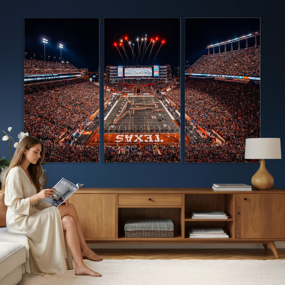 Texas Stadium Night Game Wall Art Canvas Print, Vibrant Football Fireworks Scene