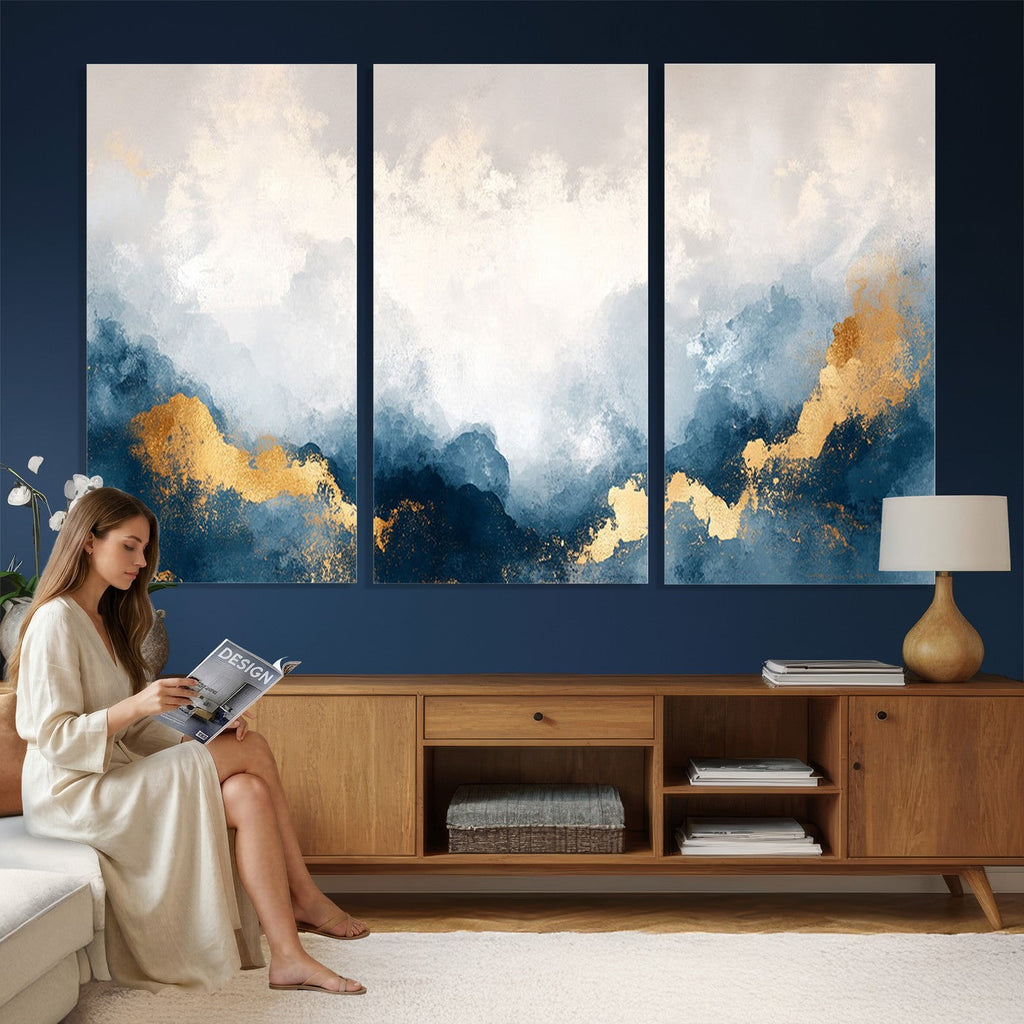 Abstract Blue and Gold Clouds Wall Art Canvas Print, Framed Modern Landscape Artwork