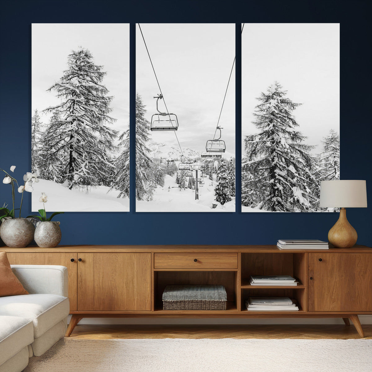 Snowy Ski Lift Wall Art | Framed Winter Forest Canvas