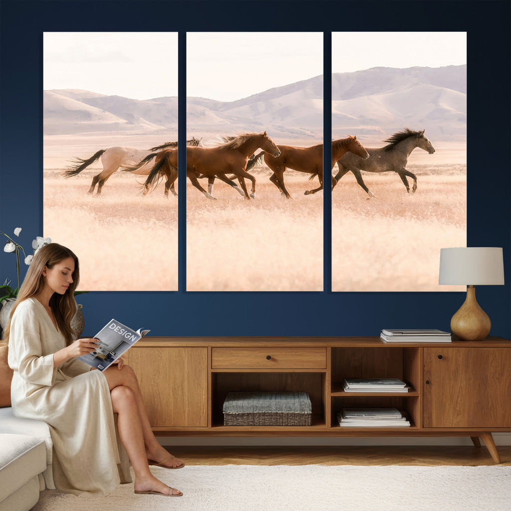 Wild Horse Wall Art Canvas Print, Framed Rustic Western Art, Desert Horse Scene
