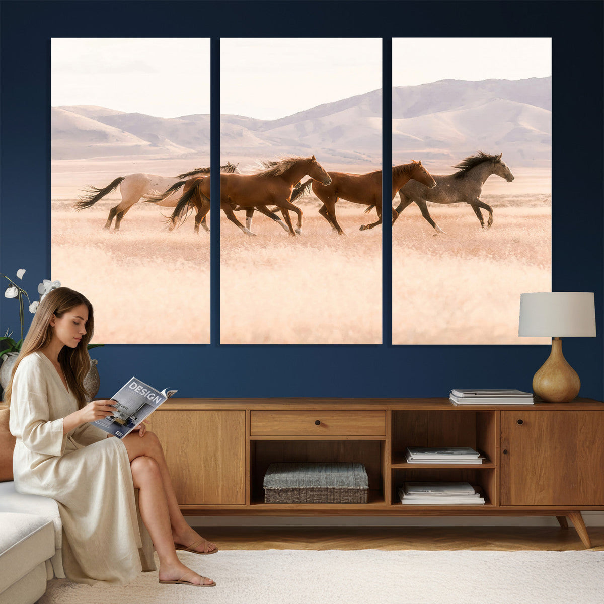 Wild Horse Wall Art Canvas Print, Framed Rustic Western Art, Desert Horse Scene