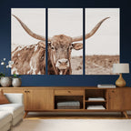 Longhorn Cow Wall Art Canvas Print, Framed Texas Ranch Print, Western Bull Art, Cowboy Decor