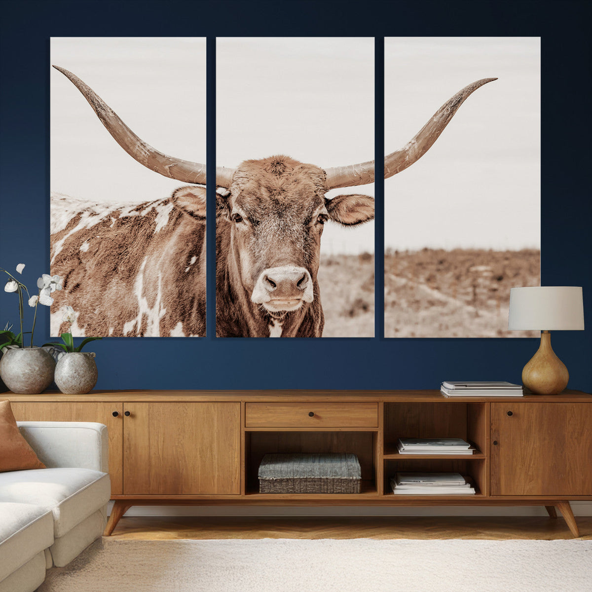 Longhorn Cow Wall Art Canvas Print, Framed Texas Ranch Print, Western Bull Art, Cowboy Decor