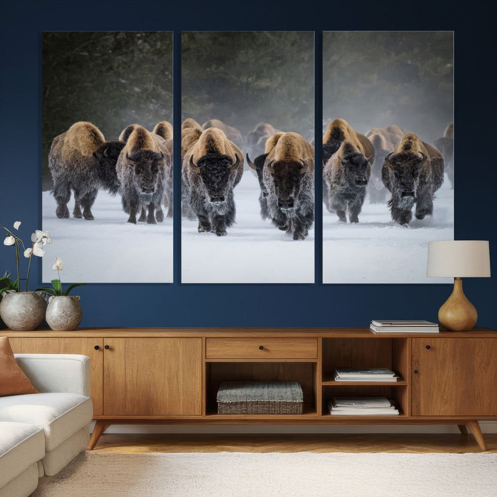 Bison Herd Wall Art Canvas Print, Framed Rustic Wildlife Decor, Snowy Bison Landscape