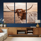 Texas Longhorn Cow Canvas Wall Art, Majestic Bull on a Rustic Western Farm