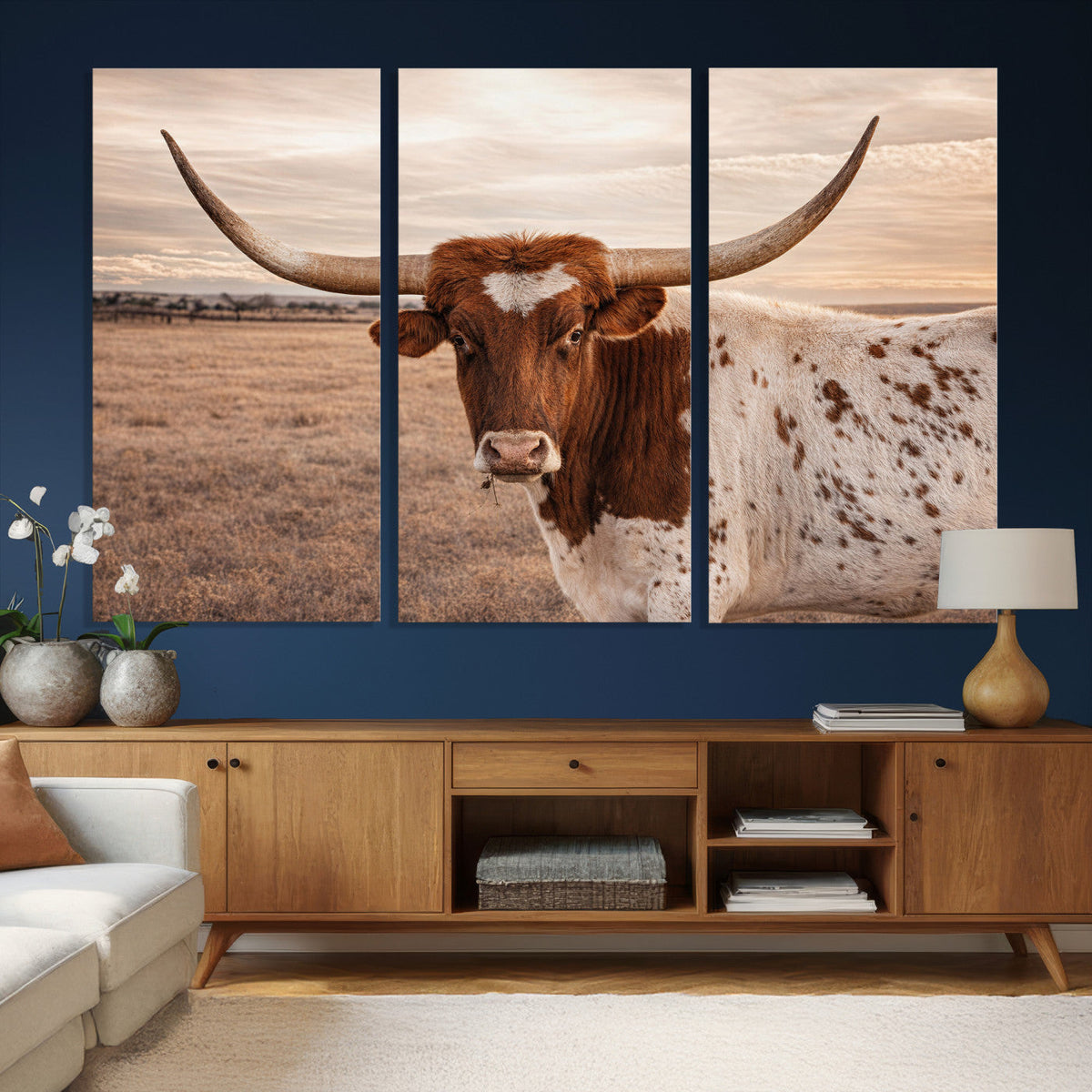 Texas Longhorn Cow Canvas Wall Art, Majestic Bull on a Rustic Western Farm