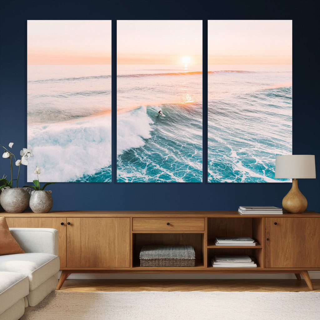 Sunset Surfing Wall Art Canvas Print, Ocean Wave Surfer with Golden Sky
