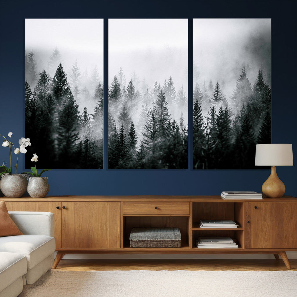 Foggy Forest Wall Art Canvas Print, Mountain Woodland Landscape, Minimal Nature Decor