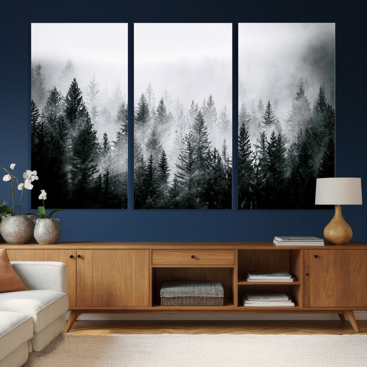 Foggy Forest Wall Art Canvas Print, Mountain Woodland Landscape, Minimal Nature Decor