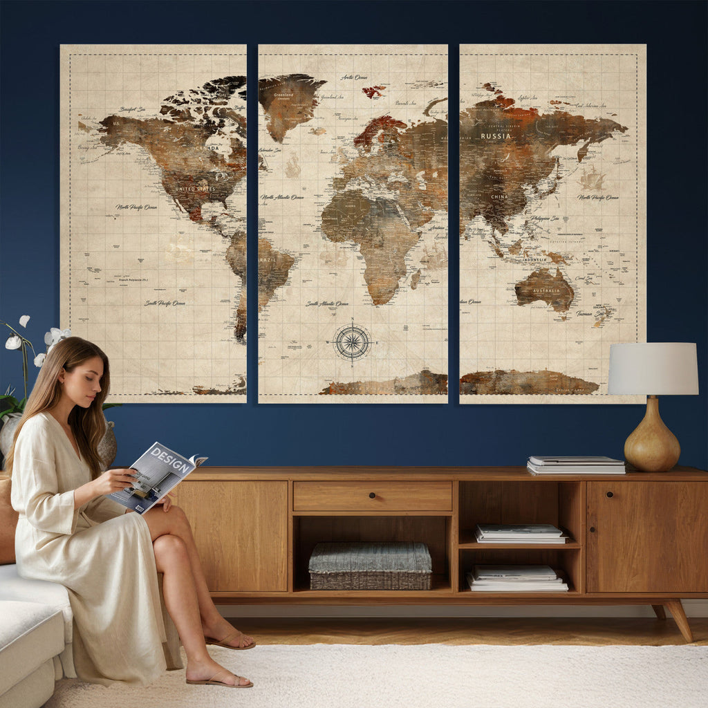 Vintage World Map Wall Art Canvas Print for Living Room, Office and Study