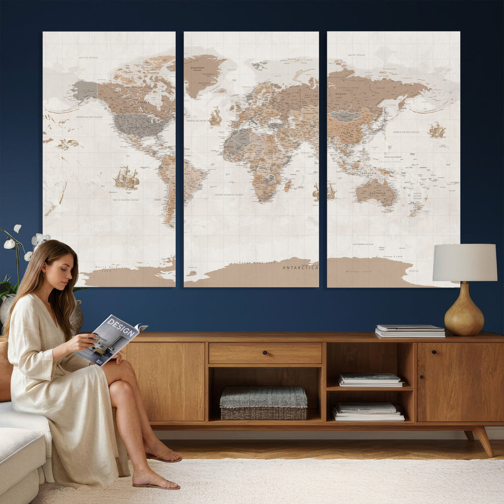 Framed Large World Map Canvas Print for Office Decor