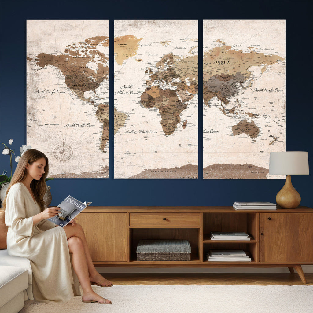 Modern World Map Canvas Print | Framed Travel Map Wall Art