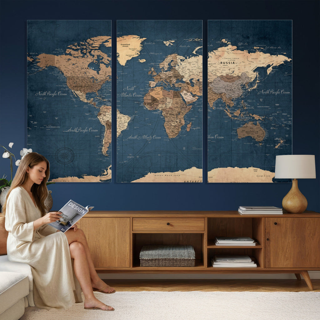 Navy Blue World Map Canvas Print | Framed Travel Map Wall Art