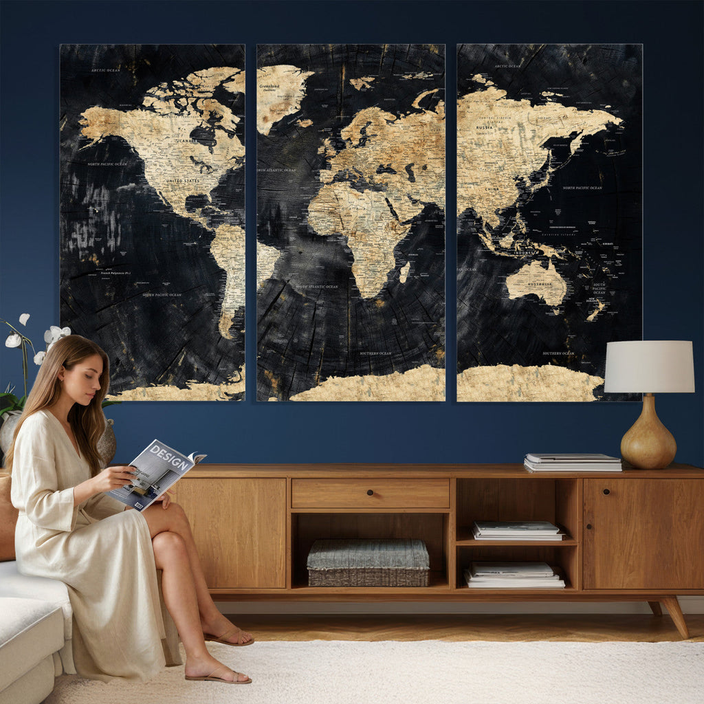 Framed Large World Map Wall Art Canvas Print for Living Room