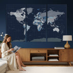 Blue Detailed World Map Wall Art Canvas Print | Modern Framed Map