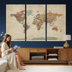 Vintage World Map Canvas Wall Art Print | Framed Modern World Map