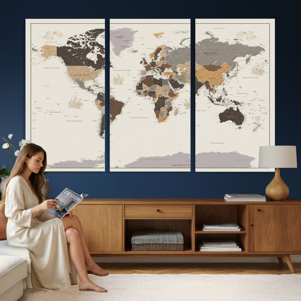 Custom Beige Modern Push Pin World Map Canvas Print, Places Visited Tracker, Bedroom and Study Decor