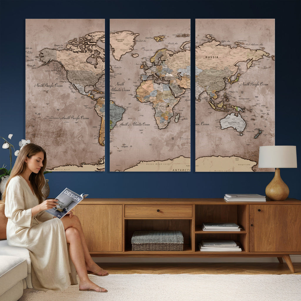 Grunge World Map Canvas Wall Art - Vintage Aged World Map with Golden Tones