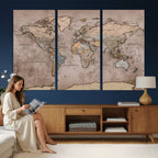 Grunge World Map Canvas Wall Art - Vintage Aged World Map with Golden Tones