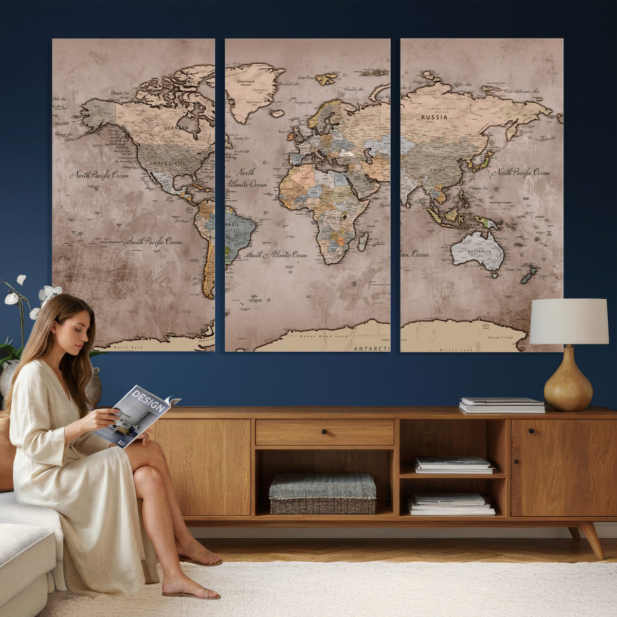 Grunge World Map Canvas Wall Art - Vintage Aged World Map with Golden Tones