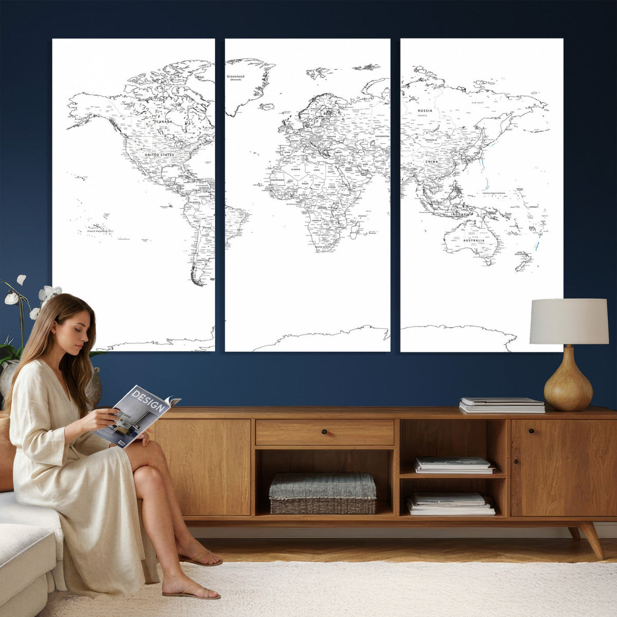 World Map Canvas Print, Framed Modern Detailed Map of the World for Home or Office