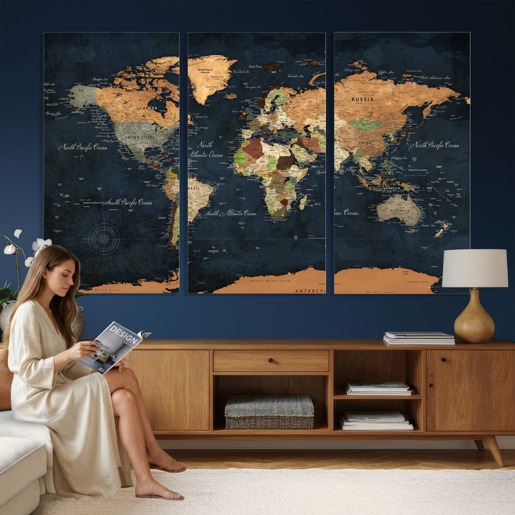 Vintage World Map Canvas Wall Art | Detailed Map with Countries, Oceans and Continents