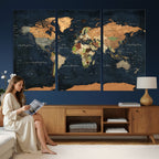 Vintage World Map Canvas Wall Art | Detailed Map with Countries, Oceans and Continents
