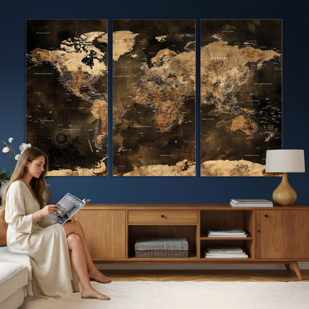 World Map Canvas Print, Modern Decorative Framed Map Artwork