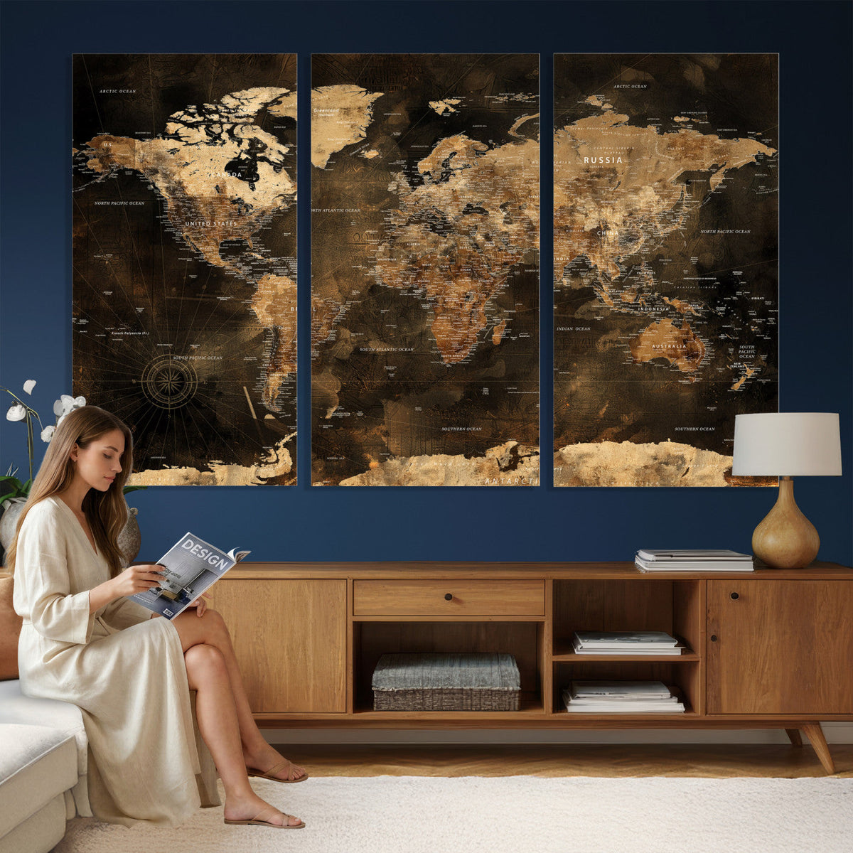 World Map Canvas Print, Modern Decorative Framed Map Artwork