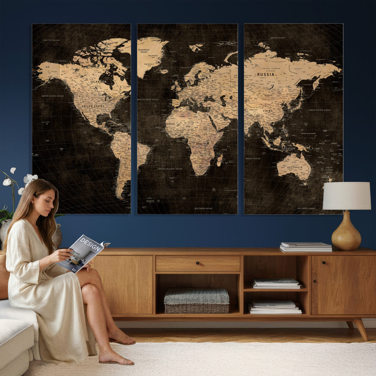 Brown World Map Canvas Print | Modern Travel Map Wall Art
