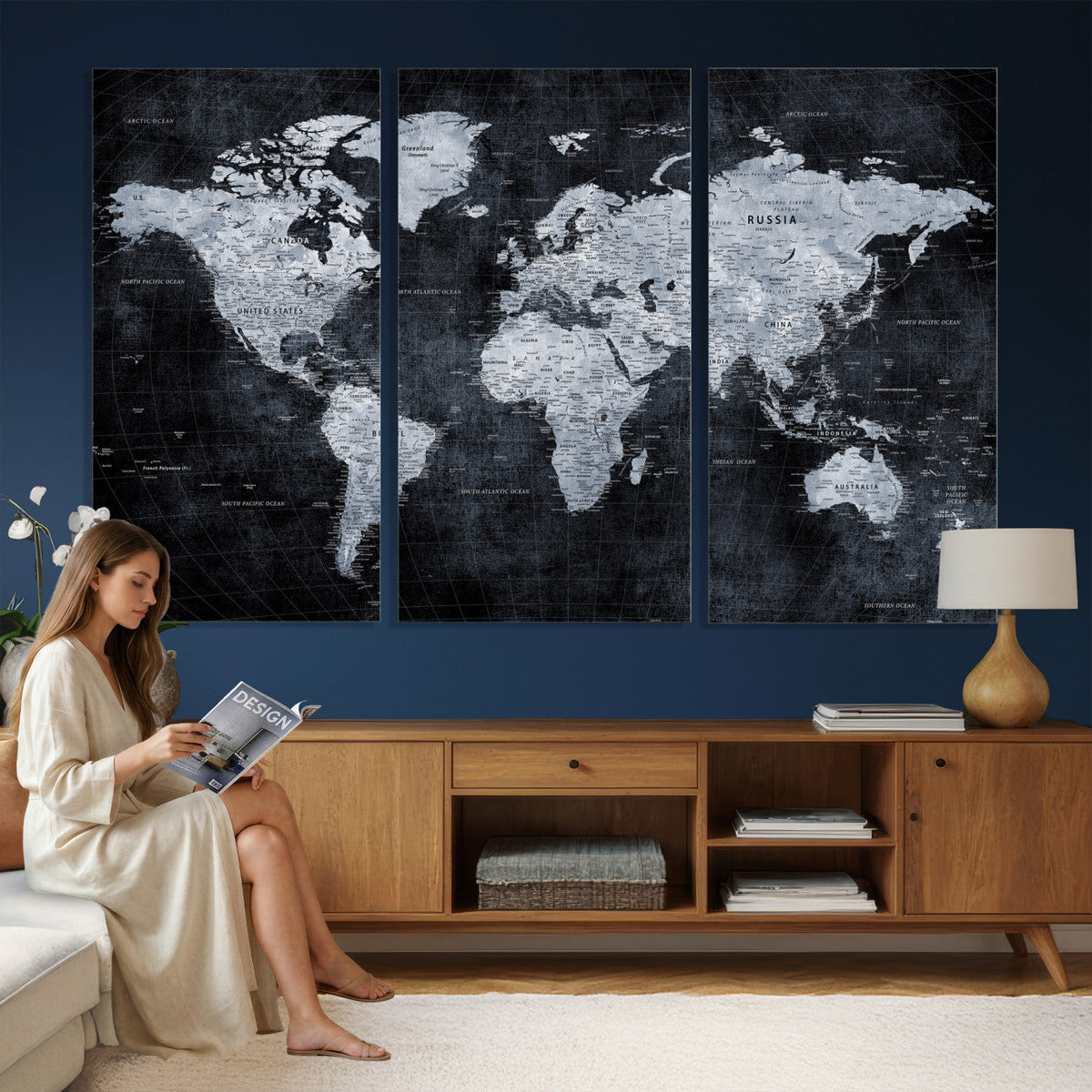Black World Map Canvas Print | Detailed Map for Couples and Anniversary Gift