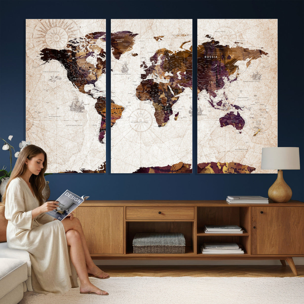 Blue Watercolor World Map Canvas Print | Framed Modern Wall Art