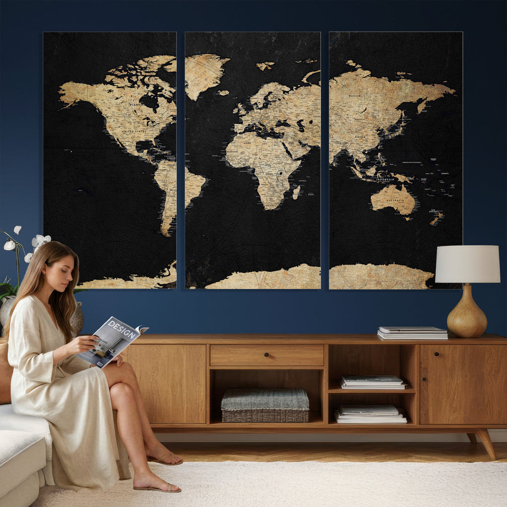 Beige World Map Canvas Wall Art Print, Minimal Black and Beige Map