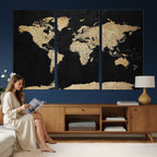 Beige World Map Canvas Wall Art Print, Minimal Black and Beige Map