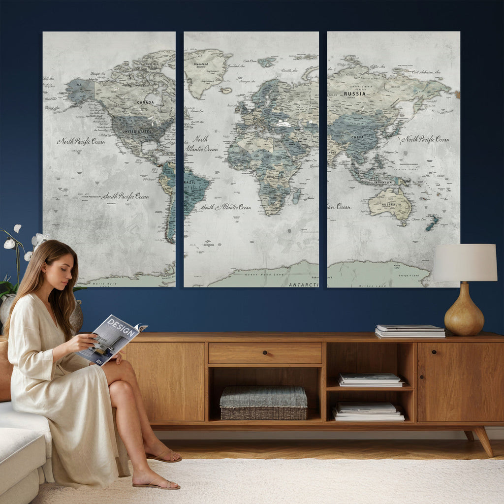 Neutral Vintage World Map Canvas Wall Art Print, Classic Map Artwork