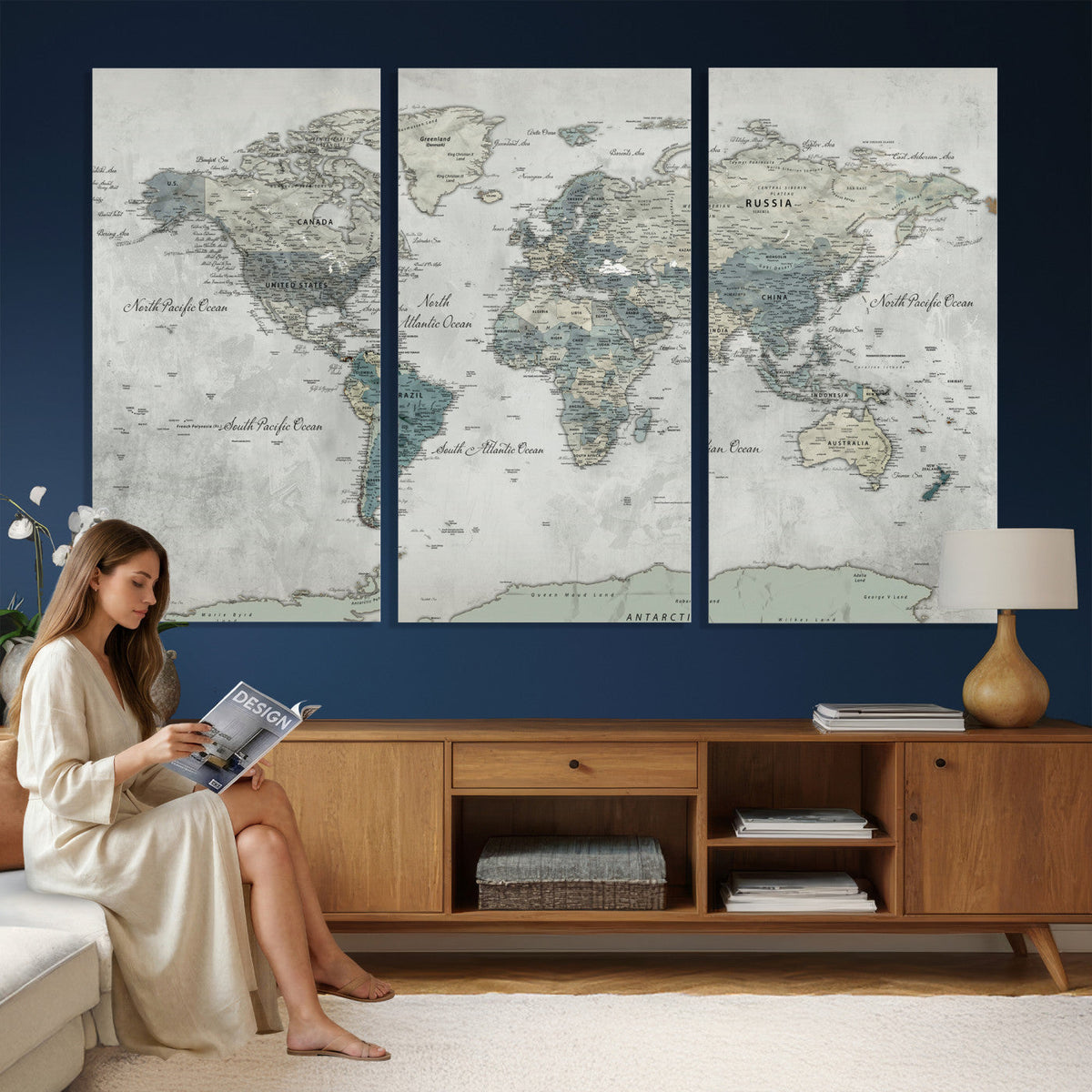 Neutral Vintage World Map Canvas Wall Art Print, Classic Map Artwork