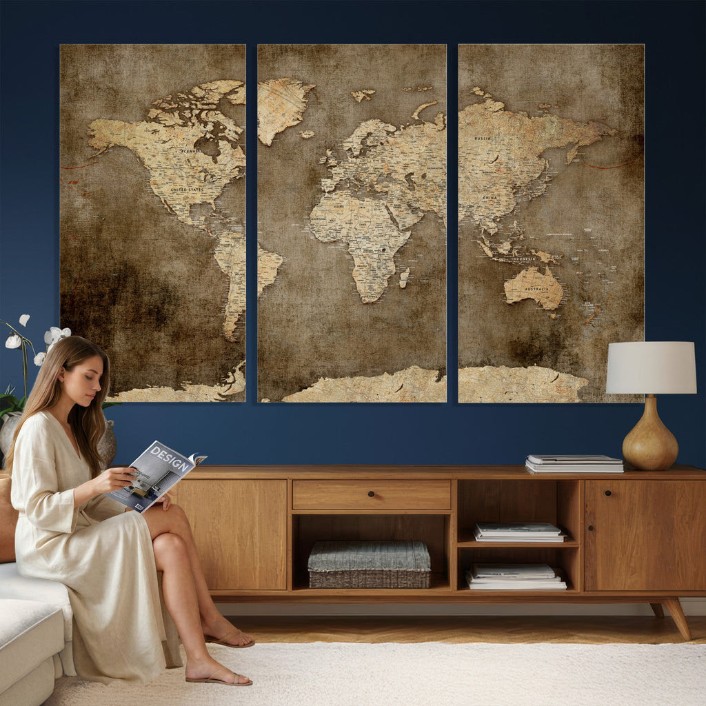 Dark Vintage World Map Canvas Wall Art Print, Antique Map Artwork