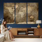 Dark Vintage World Map Canvas Wall Art Print, Antique Map Artwork