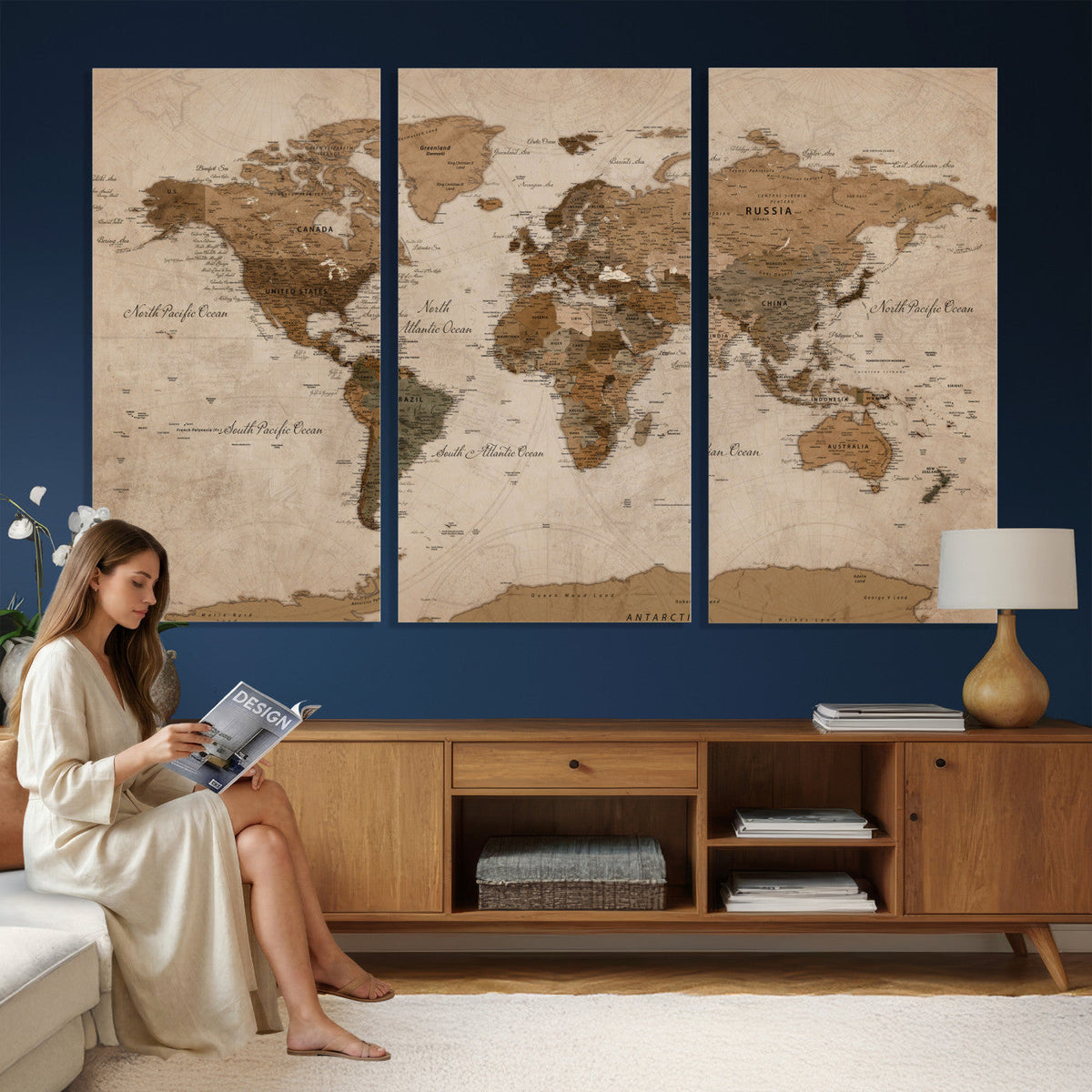 World Map Canvas Wall Art Print, Detailed Global Map Artwork