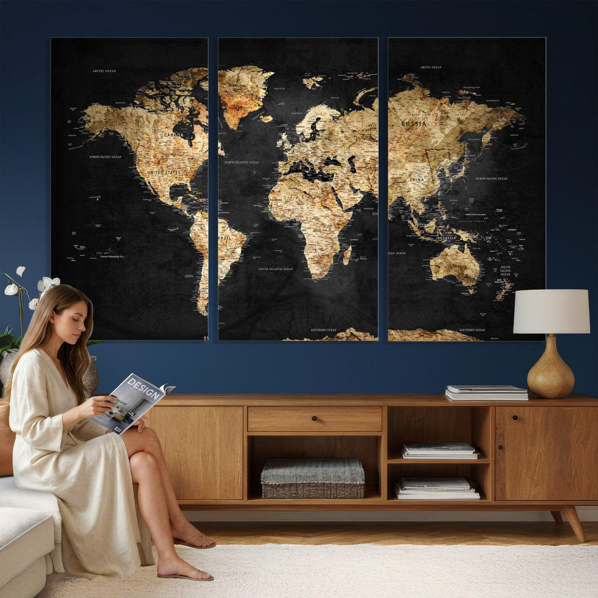 World Map Canvas Wall Art with Famous Landmarks | Framed Travel Map