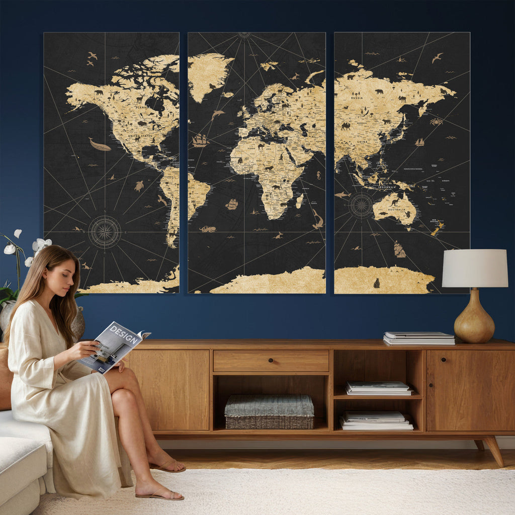 Vintage Blue and Brown World Map Canvas Wall Art | Framed Rustic Map Print