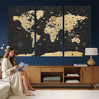 Vintage Blue and Brown World Map Canvas Wall Art | Framed Rustic Map Print