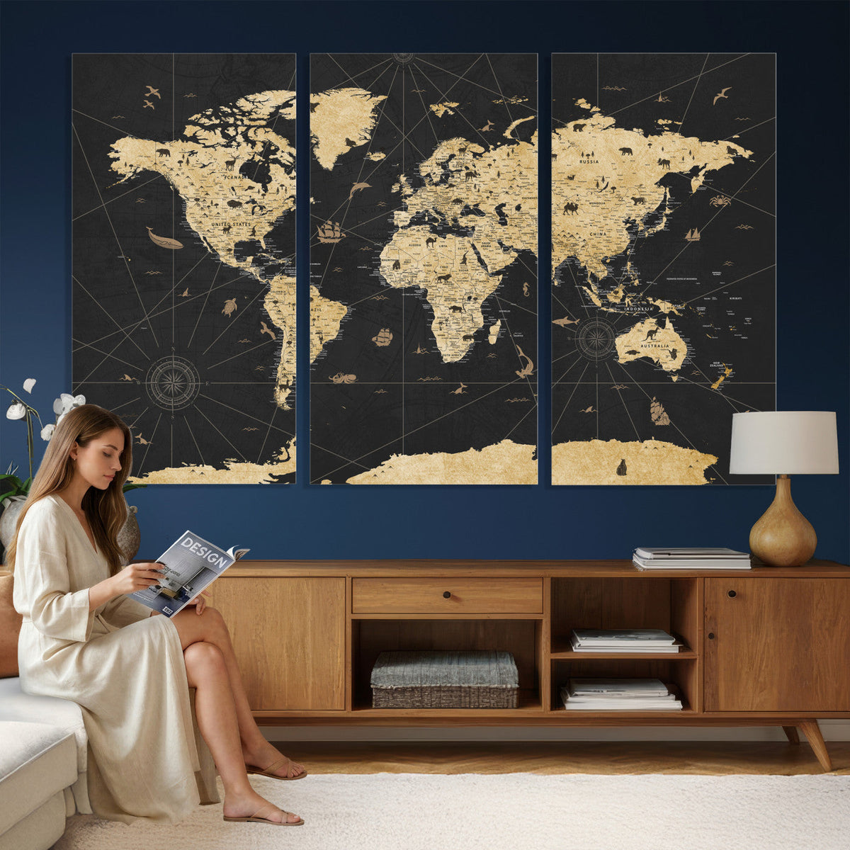 Vintage Blue and Brown World Map Canvas Wall Art | Framed Rustic Map Print